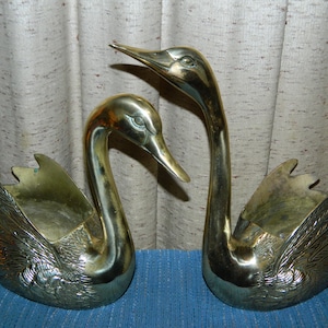 Vintage Large Pair of Brass (10&quot;~12&quot;T) Swan Planters. A Nice & Heavy Set of Large Polished Brass Swan Figurines. Nice Wedding Gift