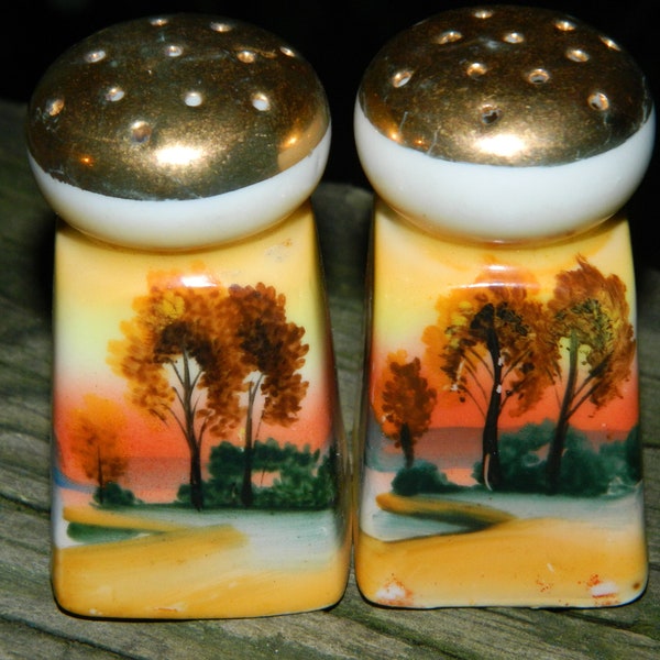 Vintage Set of Ceramic Sunset Beach S & P Shakers w/Gold Tops. A Pair of Brightly Colored Salt and Peppers Shakers For Your Collection