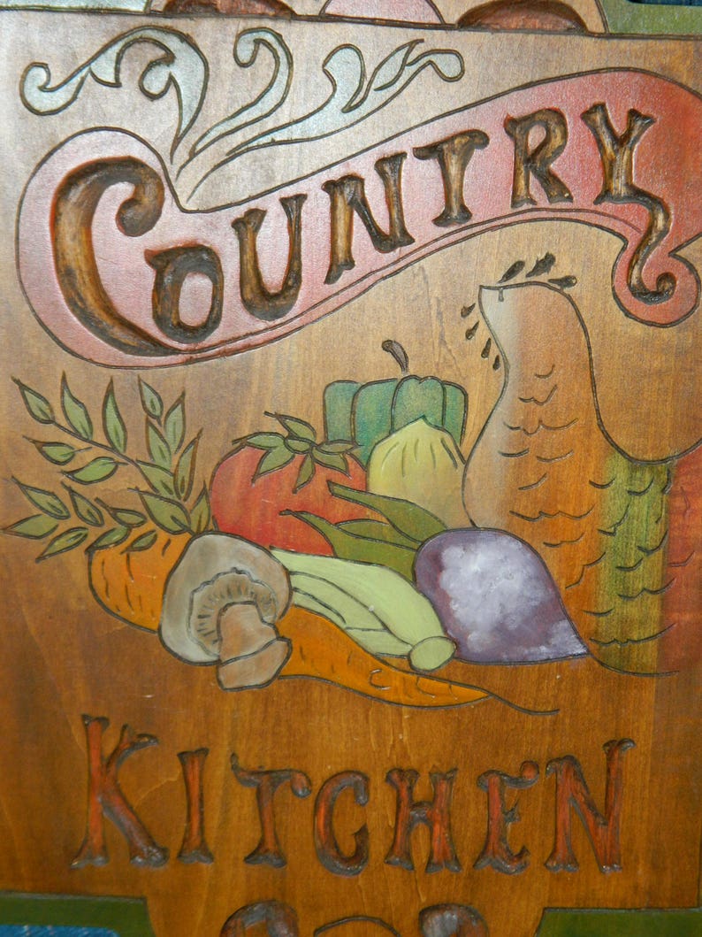 Vintage Country Kitchen Wooden Sign, Hand Carved & Painted Wooden Wall ...