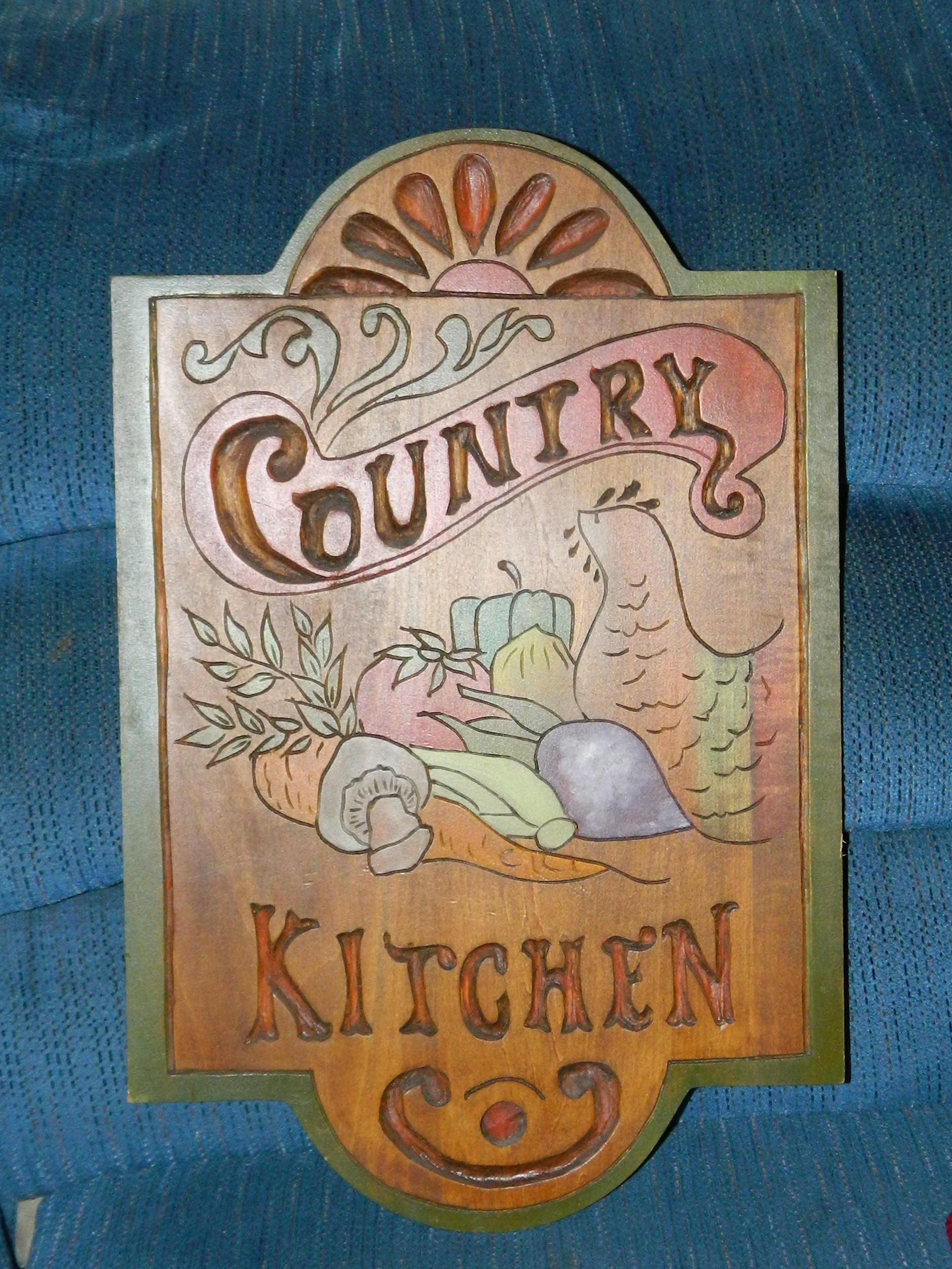Vintage Country Kitchen Wooden Sign, Hand Carved & Painted Wooden Wall ...