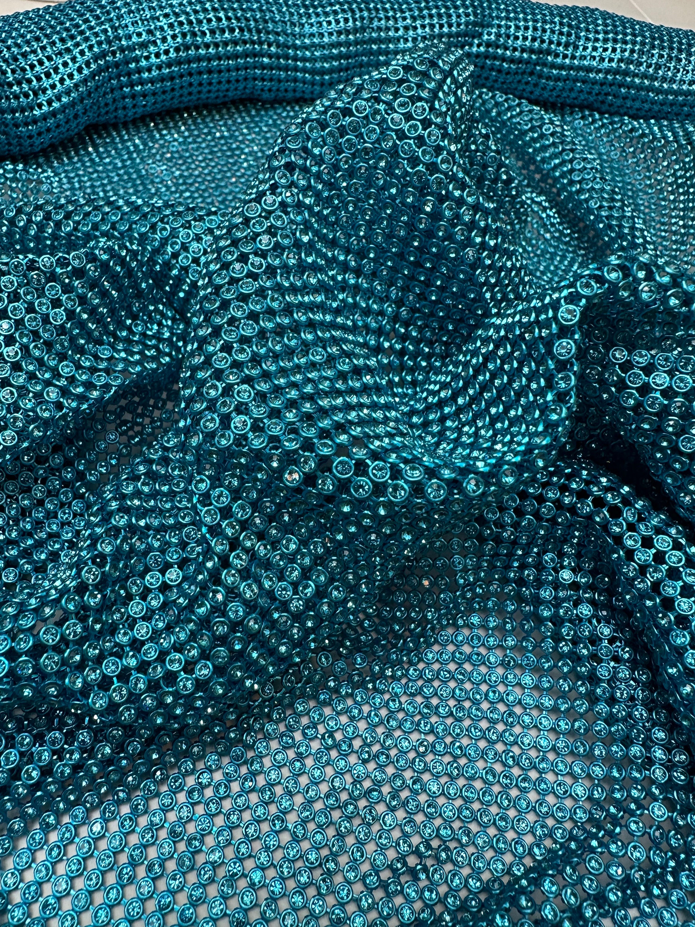 Rhinestone Aluminum Scale Mesh Fabric, Blue Moon Fabrics