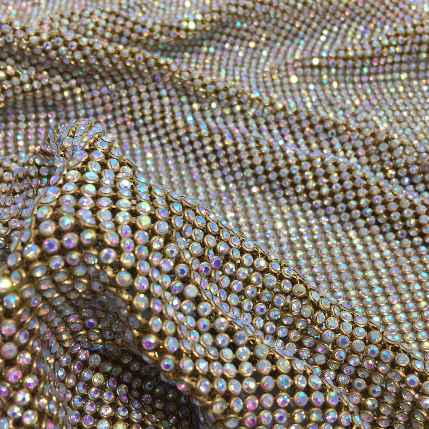 Gold Rhinestone Sheet with AB Crystal, Gold Rhinestone Fabric with AB