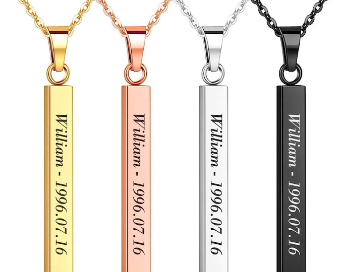 Personalized Necklace - Custom Engraved Name Necklace 3D Vertical Bar Necklace Dainty Stainless Steel