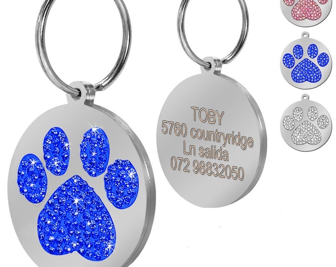 Go Tags Personalized Stainless Steel ID Tag | Paw Print | Crystal Tag ID