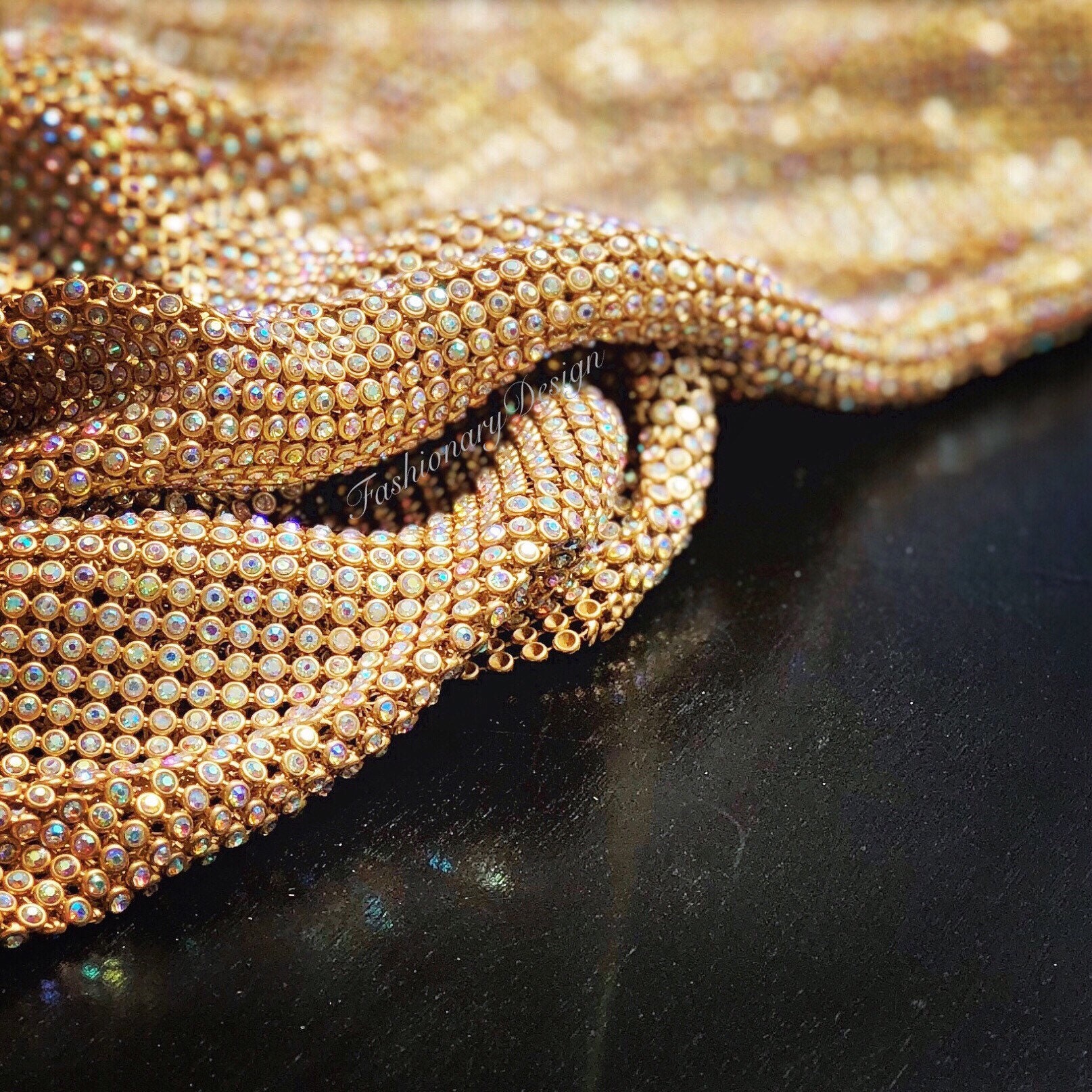 Gold Rhinestone Sheet with AB Crystal, Gold Rhinestone Fabric with AB