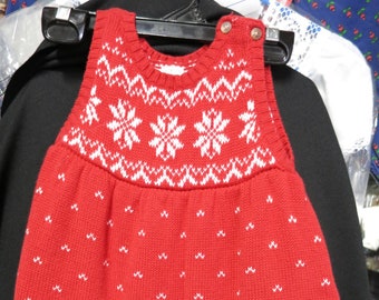 Vintage Carters Knit Jumper Dress Red with White Snow Flakes Size 12 months