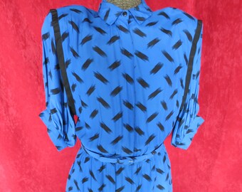 Vintage Maggy London by Jeannene Booher Dress size 12 Blue with Black Abstract matching belt