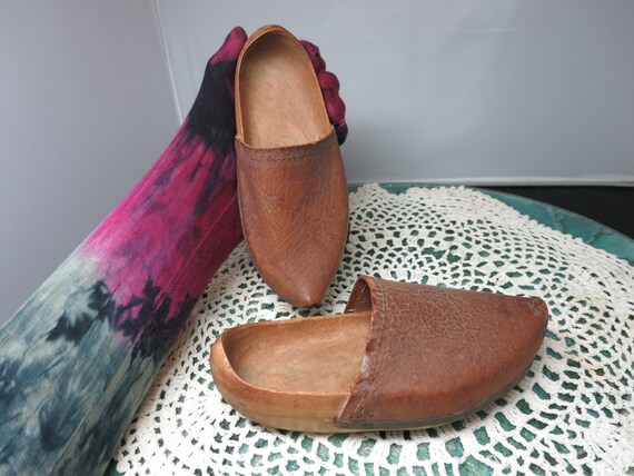 Vintage Childrens Wooden Dutch Clogs with leather… - image 1