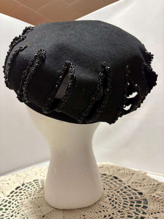 Women's Beret Hat by Fannette Hats Black Fur Felt with Vertical Peak Hole Beaded details best guess size L see measurements View 5