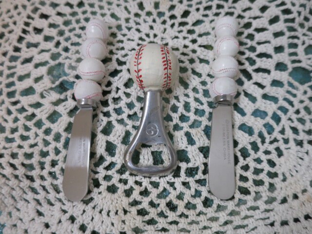 Vintage Baseball Handle Opener and 2 Cheese Spreader Knives 3 pc Novelty