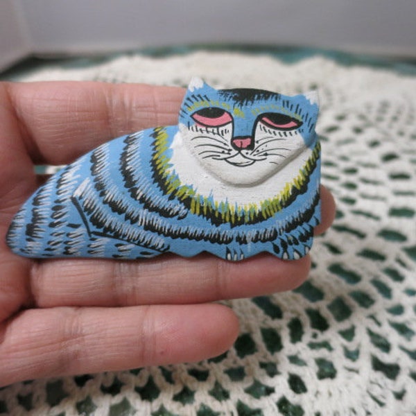 Vintage Cat Brooch Wooden Carved Hand Painted 3 inches X 1 3/4 inches Blue White Black Pink