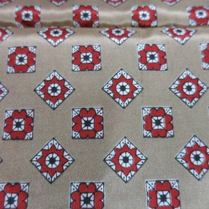 Vintage Silk Blend fabric Red White Black floral on Gold 42 inches X 54 inches Floral Geometric