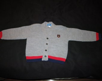 Vintage Boys Cut Loose Cardigan Sweater size M 5-6 Button Up Gray Red Blue