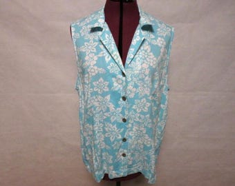 Vintage Croft and Beagle Ärmellose Button Up Bluse Floral Teal Weiß Gr. XL