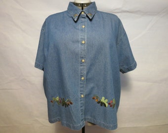 Chemise en jean Cabin Creek à manches courtes brodée de baies glands, taille 3X