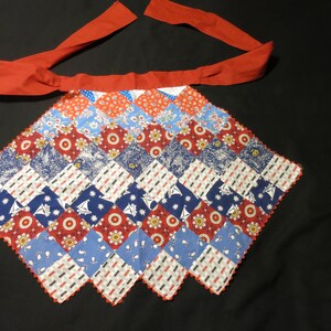 Vintage Block Quilted Apron  Lovely patchwork with red Ric Rac Trim Tie Back