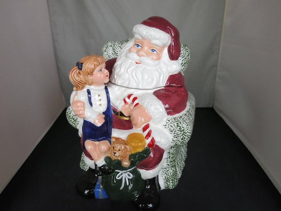 Santa Cookie Jar Sitting in Chair With Girl in Lap JC Penney 1990s