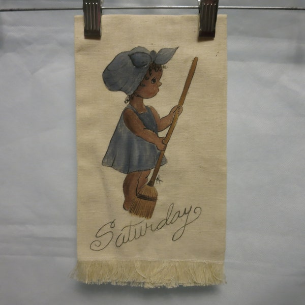 Vintage Linen African Girl Sweeping Saturday Dish Towel. Hand Painted signed MK