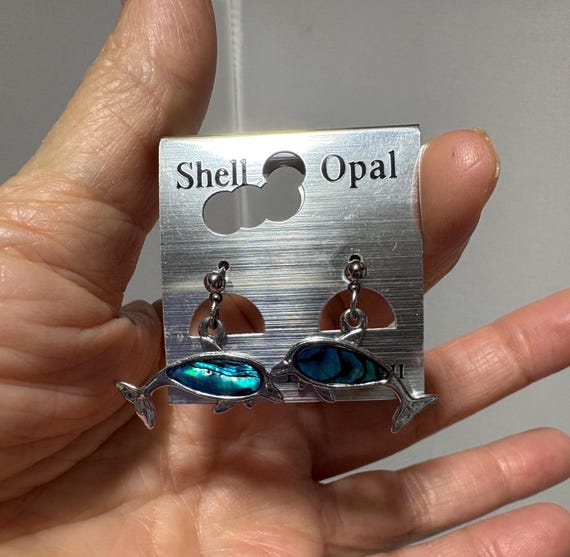 Dolphin Shell Opal Dangle Drop Post Earrings - image 3