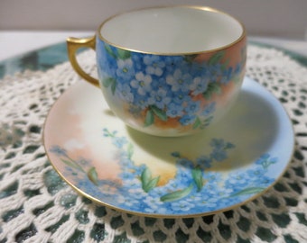 Vintage Limoges France Teacup and Saucer 1949 Hand Painted Forget me not flowers with Gold Trim Transparent Porcelain Choice Listing