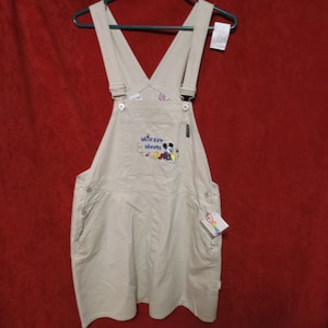 Vintage Disney Plus Mickey Denim Bib Overall Shorts Embroidered Mickey Mouse 16W Beige NWT 1990s