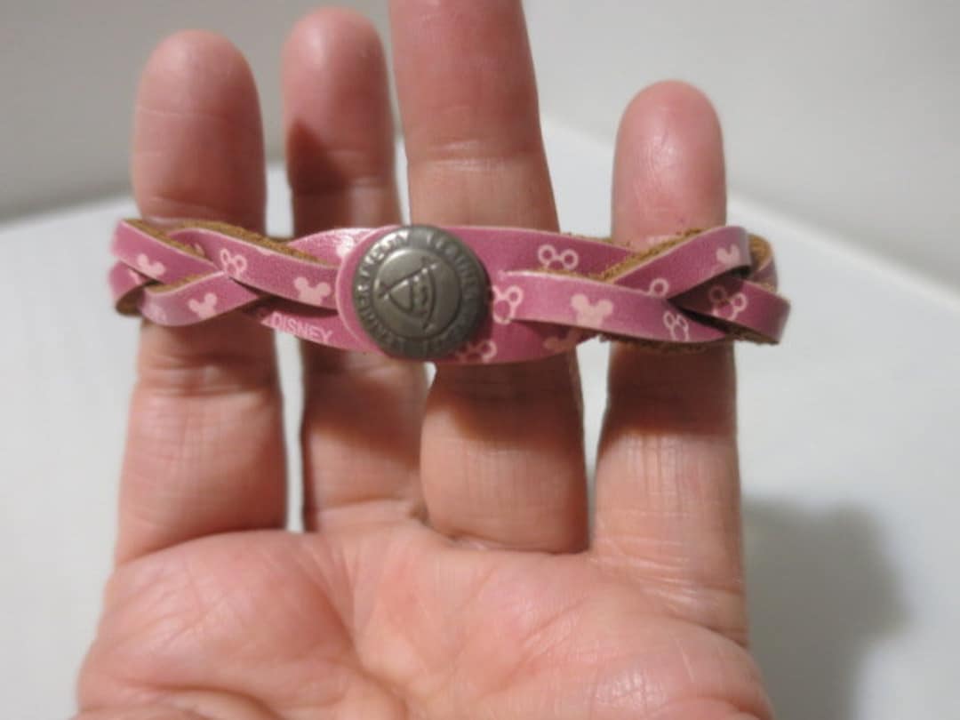 Vintage Disney Bracelet Leather Treaty Pink Mouse Leather Snap Cuff Size XL  Snaps at Inches Length