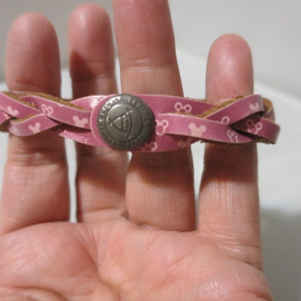 Vintage Disney Bracelet Leather Treaty Pink Mouse Leather Snap Cuff Size XL  snaps at 8 inches length