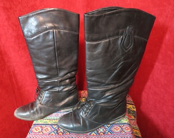 Vintage LL Bean Soft Leather Granny Riding Boots size 7M Black Tall