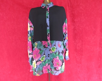 vintage Frederick Kelly tunique chemisier noir floral taille 14/16