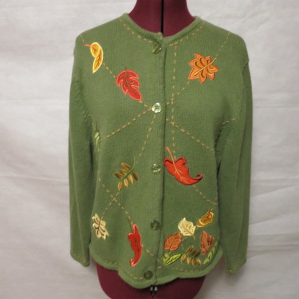 Vintage Crystal Kobe Green Fall Leaf Cardigan Sweater size Petite XL