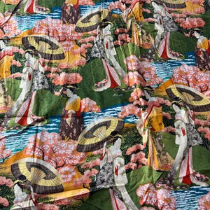 Vintage Japanese Ladies Geisha Garden Scenic Cotton Fabric by Springs Creative Products Group 67&quot; X 41&quot;