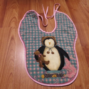 Vintage Baby Bib two sided quilted Penquin Teddy Bear Duck Flannel cotton