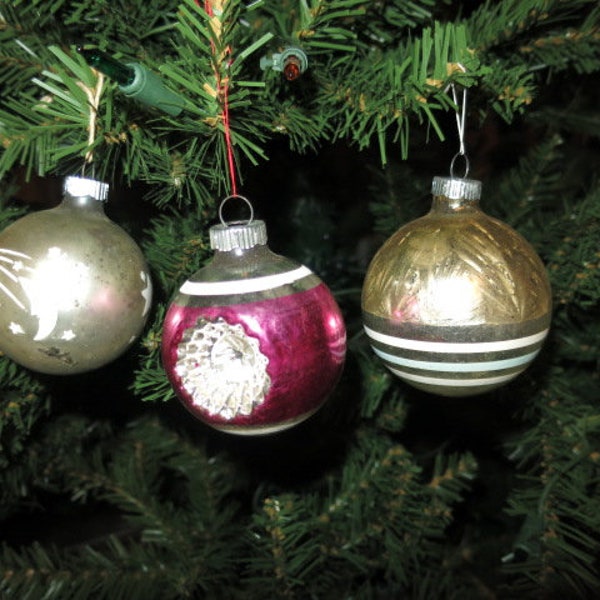 Vintage Plastic Shiny Brite Christmas Ornament 3pc Star Moon, Silver Iced Stripe