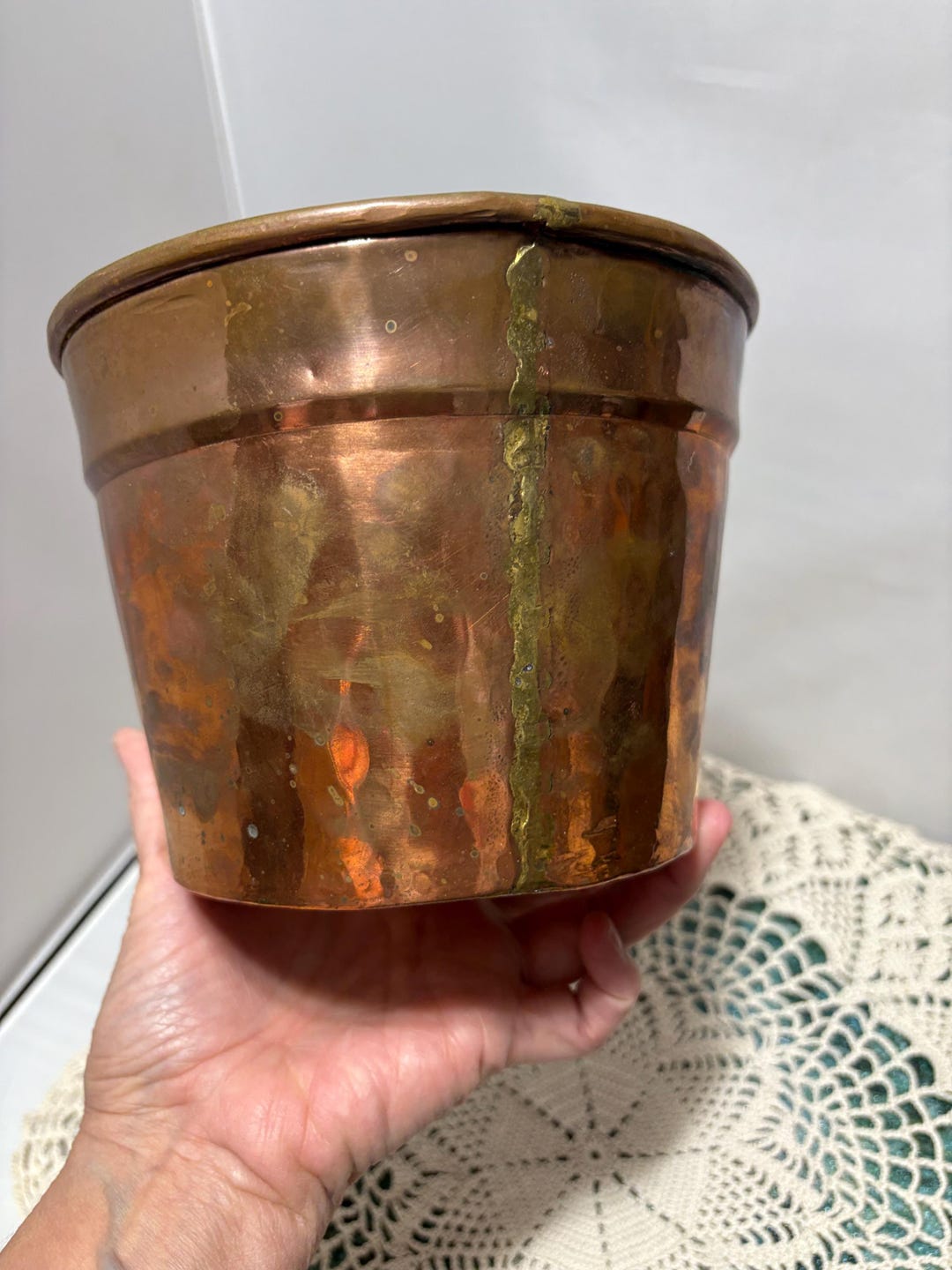 Gallery Detail: Hand Hammered Copper Bucket Planter With Brass Solder Joint Seams