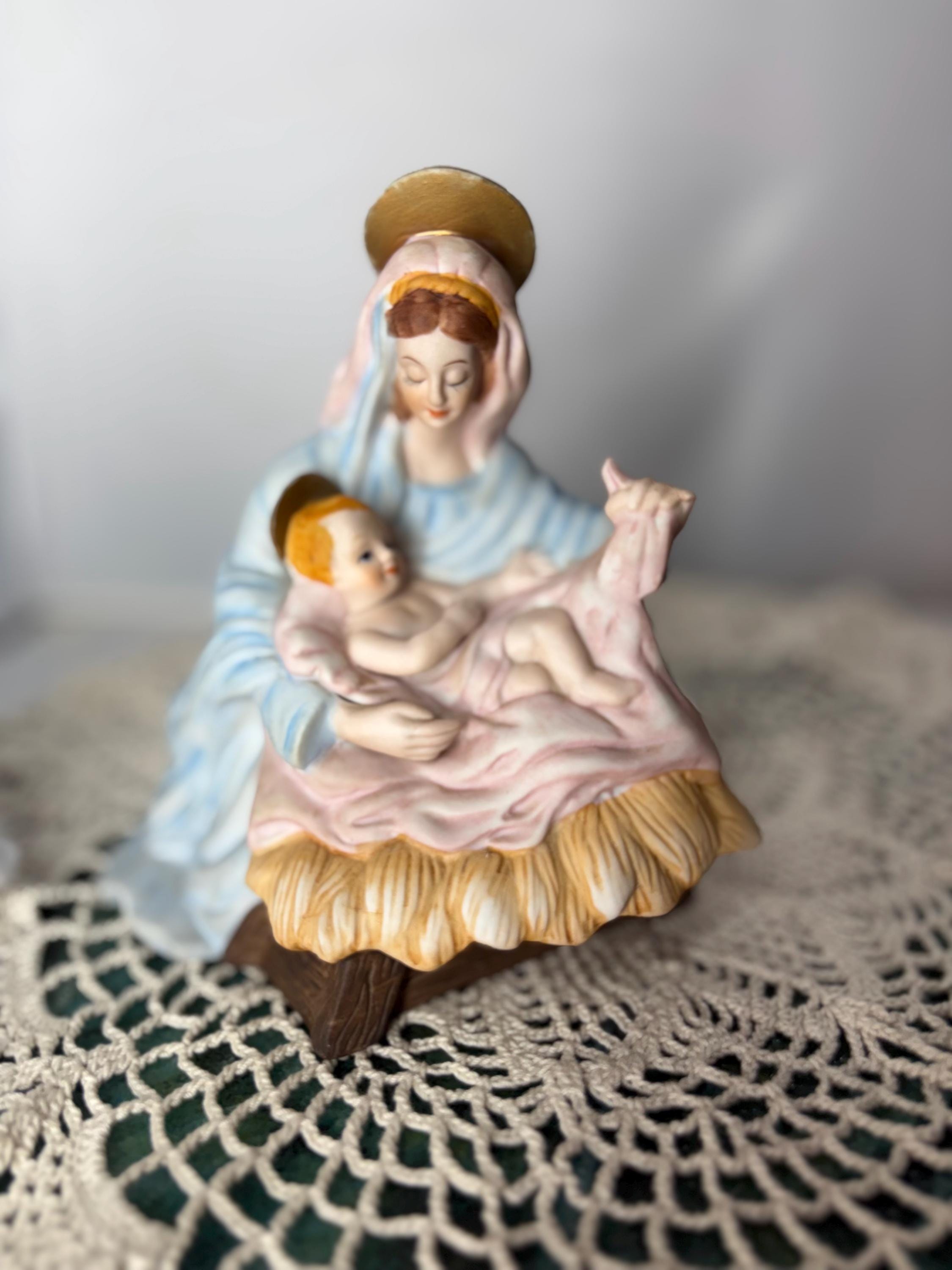 Blessed Virgin Mother Mary Holding Baby Jesus Bisque Musical