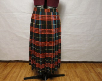 Vintage Orvis Plaid Pleated Skirt Size 12 Red Black Green yellow made in USA