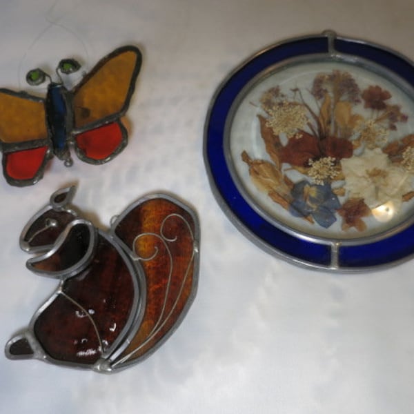 Vintage Stained Glass Suncatcher Choice Listing Butterfly with feet or Squirrel or Cobalt Clear with Dried Flowers