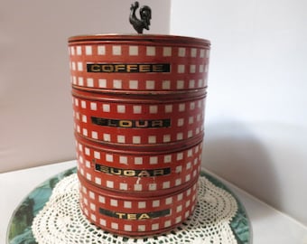 Vintage Steel Stacking Canister Red White Checkered Rooster Lid Handle Scratched used rare find