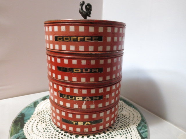 Vintage Steel Stacking Canister Red White Checkered Rooster Lid