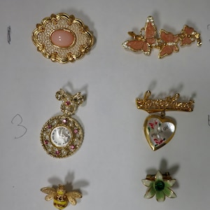 Vintage Pin Brooch Faux Pearl Pink Stone Enamel Butterfly Pocket Watch Sweetheart Locket Bee Austria Flower Gemstone Circa 1940s to 1970s