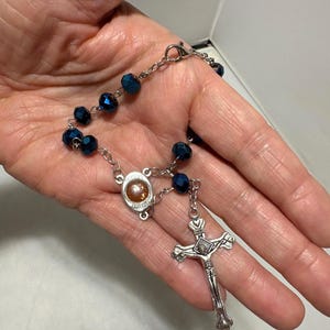 Chaplet Blue Faceted Crystal Crucifix signed Jerusalem Holy Soil Blessed Mother Mary Centerpiece