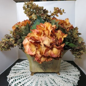Vintage Fall Flower Arrangement tin painted planter mixed Hydrangea etc.