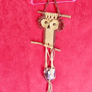 Puede incluir: Un tapiz de pared de macramé con forma de búho en color marrón y beige. El búho tiene una pequeña maceta colgando de él, y toda la pieza está colgada de una percha rosa.