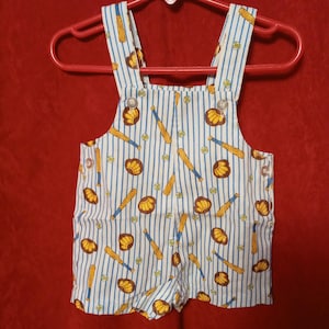 Health tex Baby Overalls Shorts Shortalls Romper vintage 1970s size 12 months Baseball Bat Glove Stripe