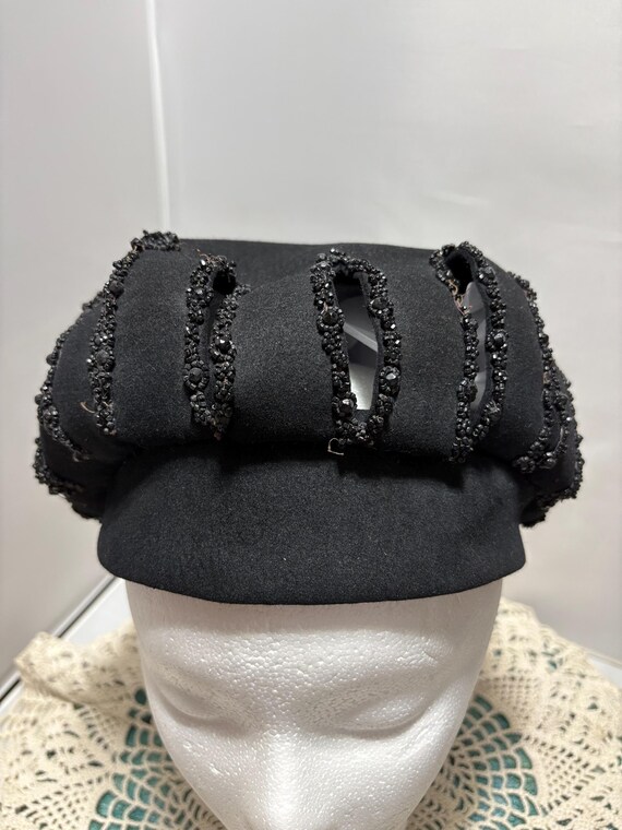 Women's Beret Hat by Fannette Hats Black Fur Felt with Vertical Peak Hole Beaded details best guess size L see measurements