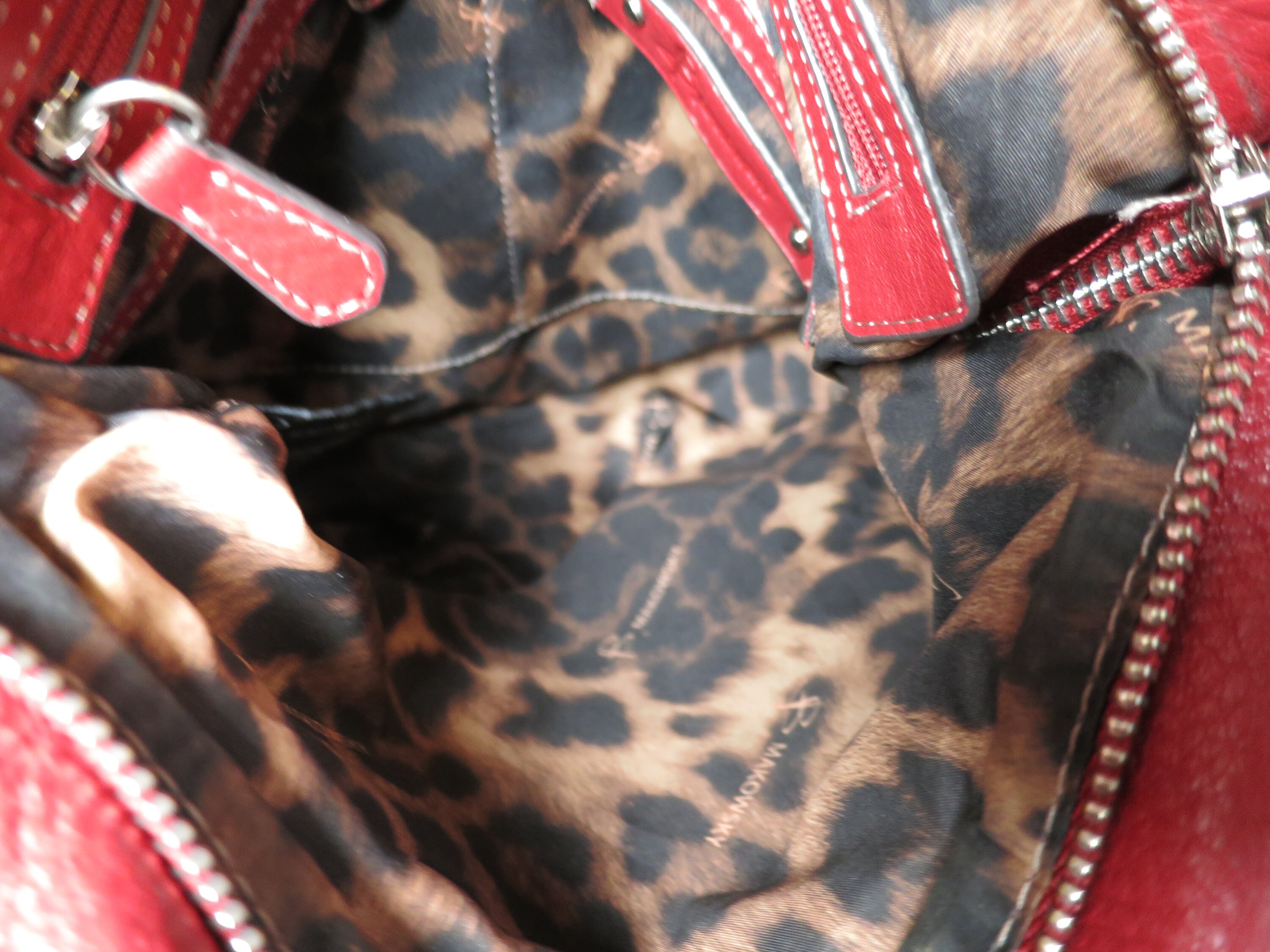 Bruce Makowsky Red Leather Shoulder Bag Crossbody Bag with Signature Key Chain and Zipper Pull