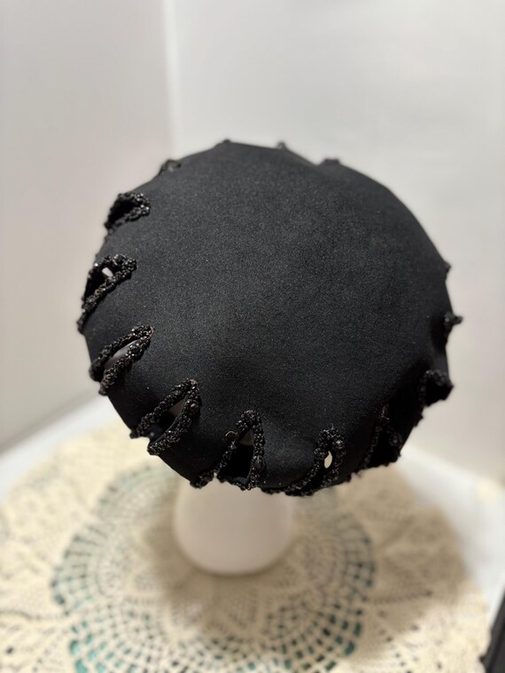 Women's Beret Hat by Fannette Hats Black Fur Felt with Vertical Peak Hole Beaded details best guess size L see measurements View 4