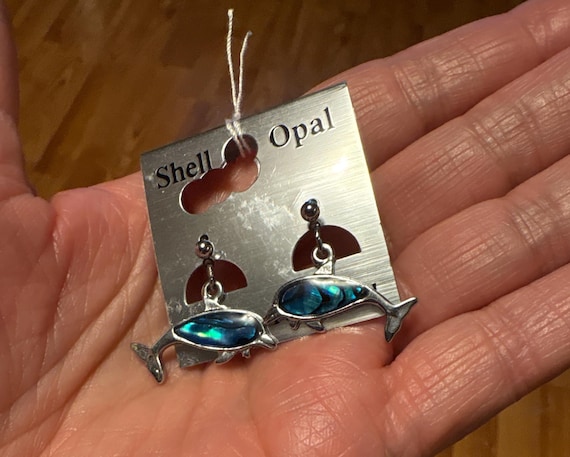 Dolphin Shell Opal Dangle Drop Post Earrings - image 2
