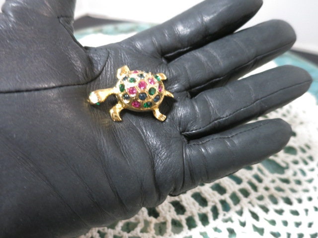 Broche Vintage Tortue – 2 Pièces (grande & Petite) – Or, Marron, Yeux Verts – Occasion