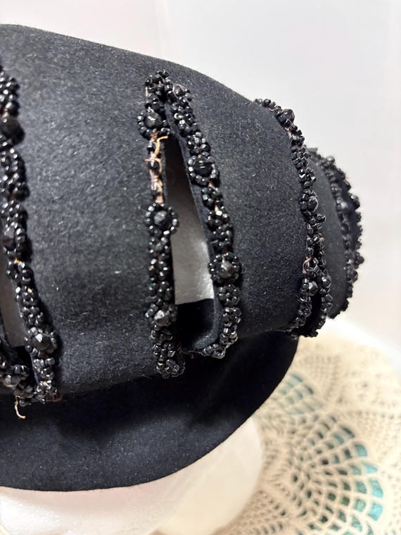 Women's Beret Hat by Fannette Hats Black Fur Felt with Vertical Peak Hole Beaded details best guess size L see measurements View 6